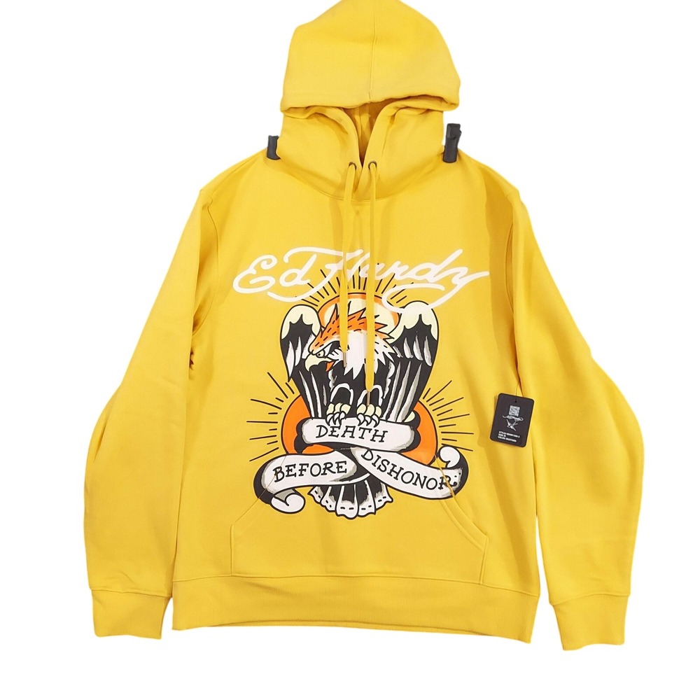 Ed Hardy Hoodie Mens Medium Yellow Death Before Dishonor Fleece Pullover Graphic